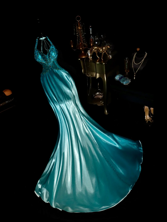 Lake blue halter neck rhinestone fitted waist elegant fairy long ball gown R6910