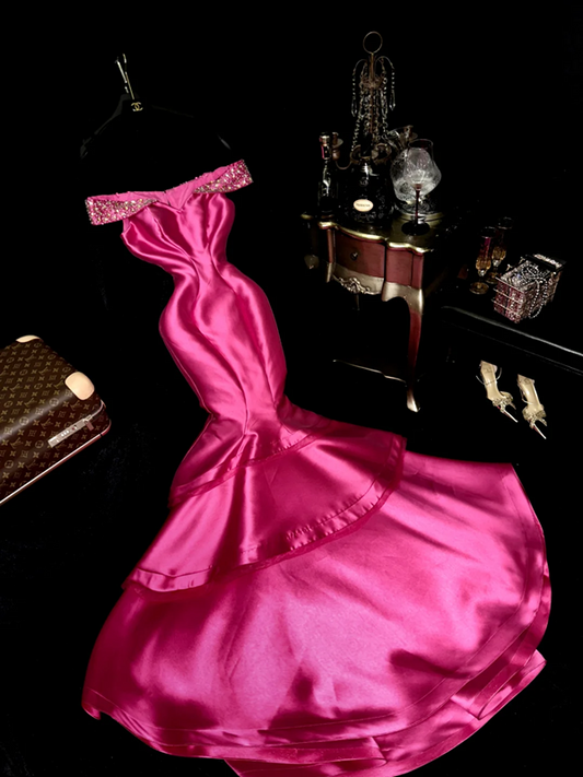 Rose pink off-shoulder fitted waist bodycon mermaid long ball gown R6990