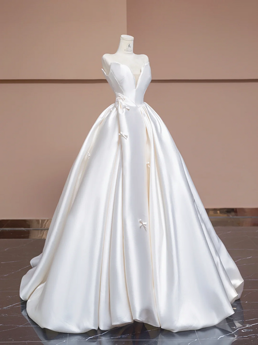 White strapless sexy fitted waist full skirt satin long ball gown/bridal dress R8301