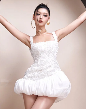 White suspender pleated waist slim bud skirt short skirt homecoming dress R4531