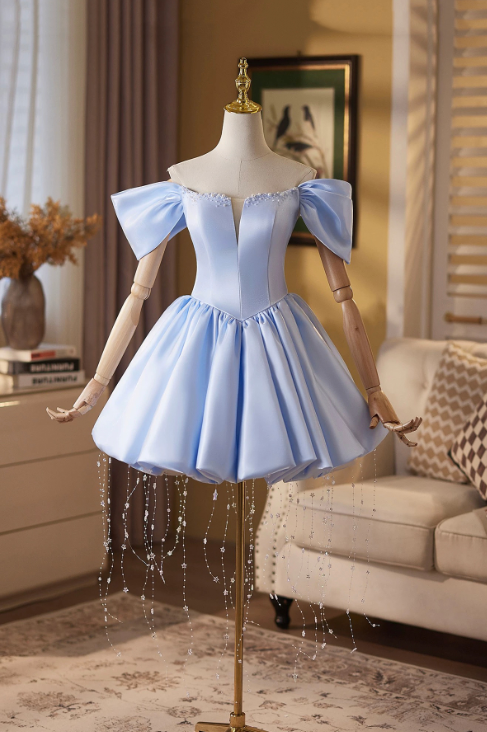 Minimalist Pale Blue A-Line Portrait Corset Mini Prom Dress Homecoming Dress RS429