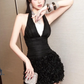 Black halter neck low-cut sexy pleated waist slim cake skirt homecoming dress R4611