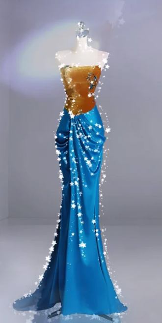 Brown Strapless Fitted-Waist Slim-Fit Prom Dress with Blue Hip-Hugging Mermaid Hem R6511