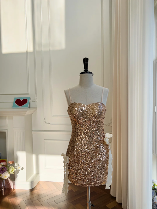Gold Strap Sequined Waist Slim Skirt Homecoming Dress R5200