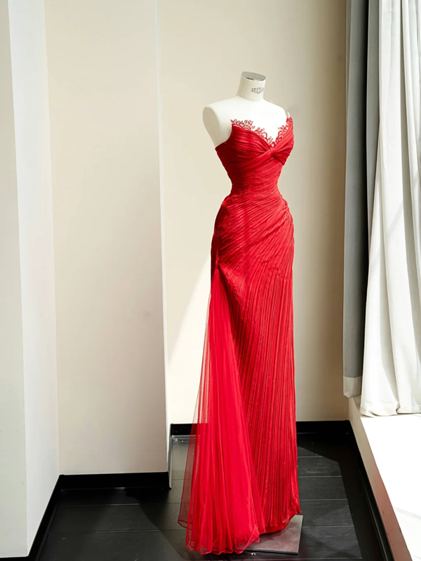 Red tube top pleated waist slim sexy long skirt, prom dress R5676