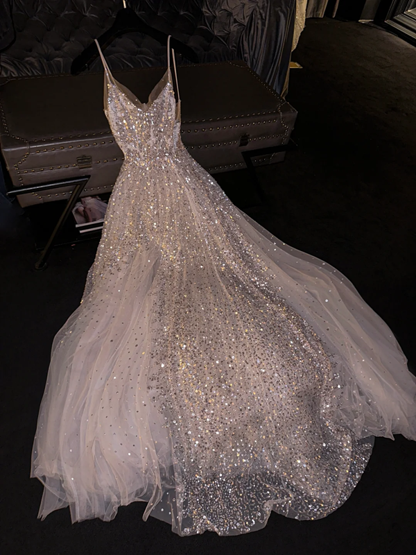 Light pink sequined halter-neck fitted long ball gown/bridal dress R8817