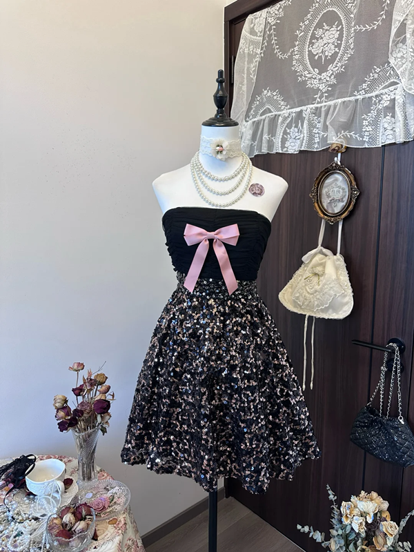 Black tube top high waist sequined skirt short skirt homecoming dress R4289