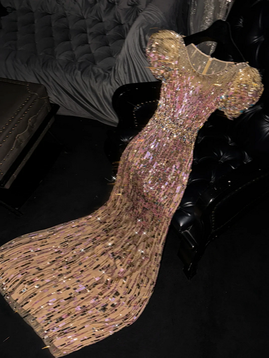 Gold sequined round neck fitted waist long ball gown, bridal dress R8787