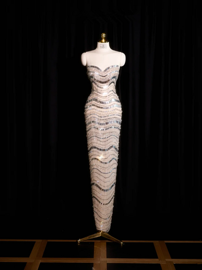 Light apricot base with silver sequins, strapless, fitted long ball gown, bridal dress R8907