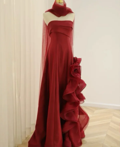 Red strapless fitted long ball gown R6471