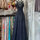 Navy blue sleeveless fitted waist sequined elegant long ball gown R7857