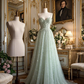 Light green spaghetti strap waist-cinching long sexy prom dress R7937