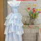 Light blue strapless satin tiered maxi ball gown R6232