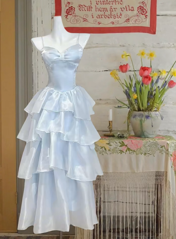 Light blue strapless satin tiered maxi ball gown R6232