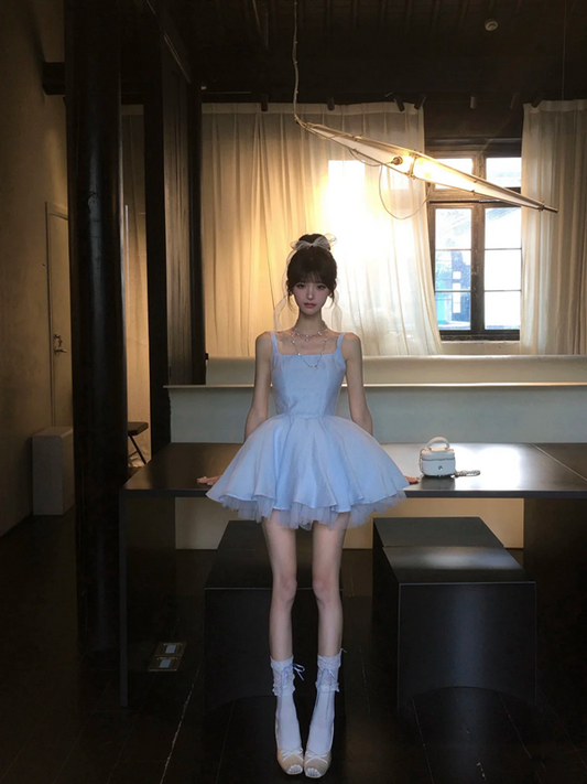 Light blue suspender satin waist slim fit princess skirt homecoming dress R5060