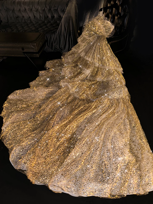 Gold sequined, fitted waist, cake skirt, long ball gown/bridal dress R8727