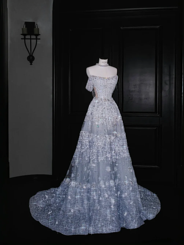 White one-shoulder diamond slim waist A-line elegant long skirt, prom dress R5640