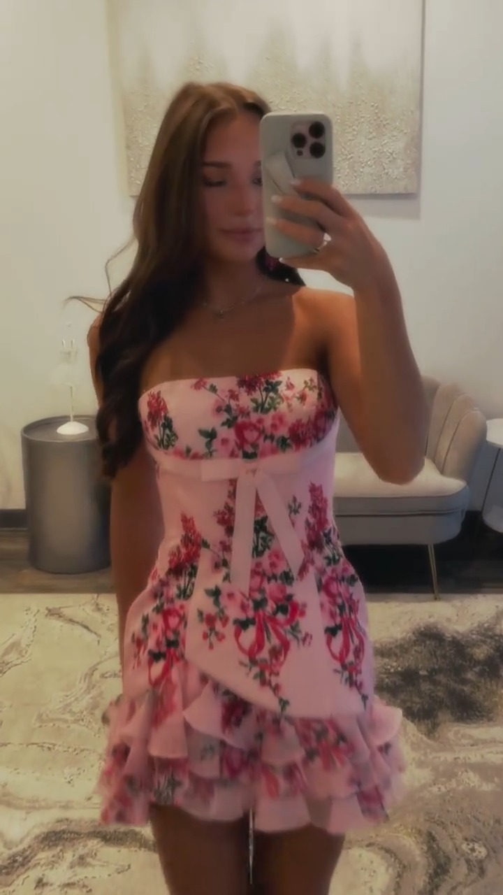 Pink Floral Strapless Waist Miniskirt Homecoming Dress R5559