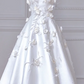 White Spaghetti-Strap 3D Floral Fitted-Waist Slim-Fit A-Line Long Bridal Gown R5910