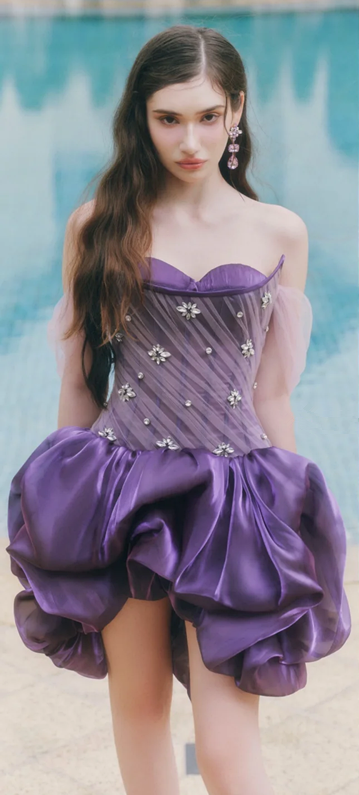 Charming purple tube top waist slim fit flower bud skirt irregular short skirt homecoming dress R4409