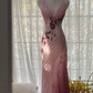 Pink halter-neck fitted long ball gown R6551