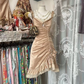 Champagne-colored halter-neck, fitted waist, pleated short ball gown R7510