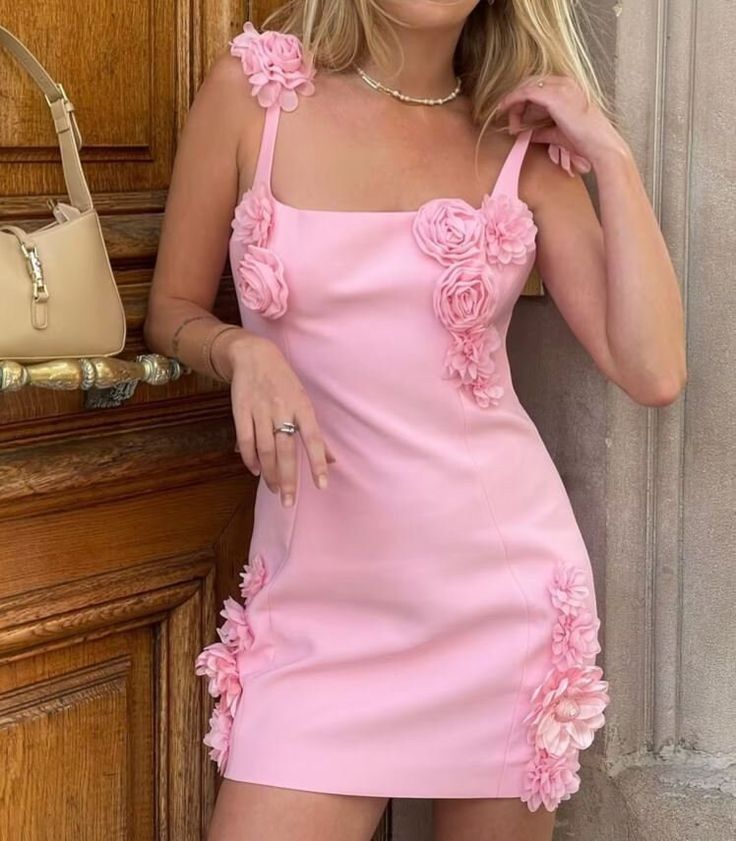 Pink 3D Flower Sling Waist A-Line Short Skirt Homecoming Dress R3399