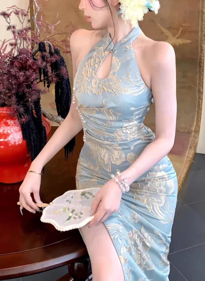 Retro sleeveless hollow dress 2025 waist-hugging hip-wrapped slit cheongsam skirt R1353