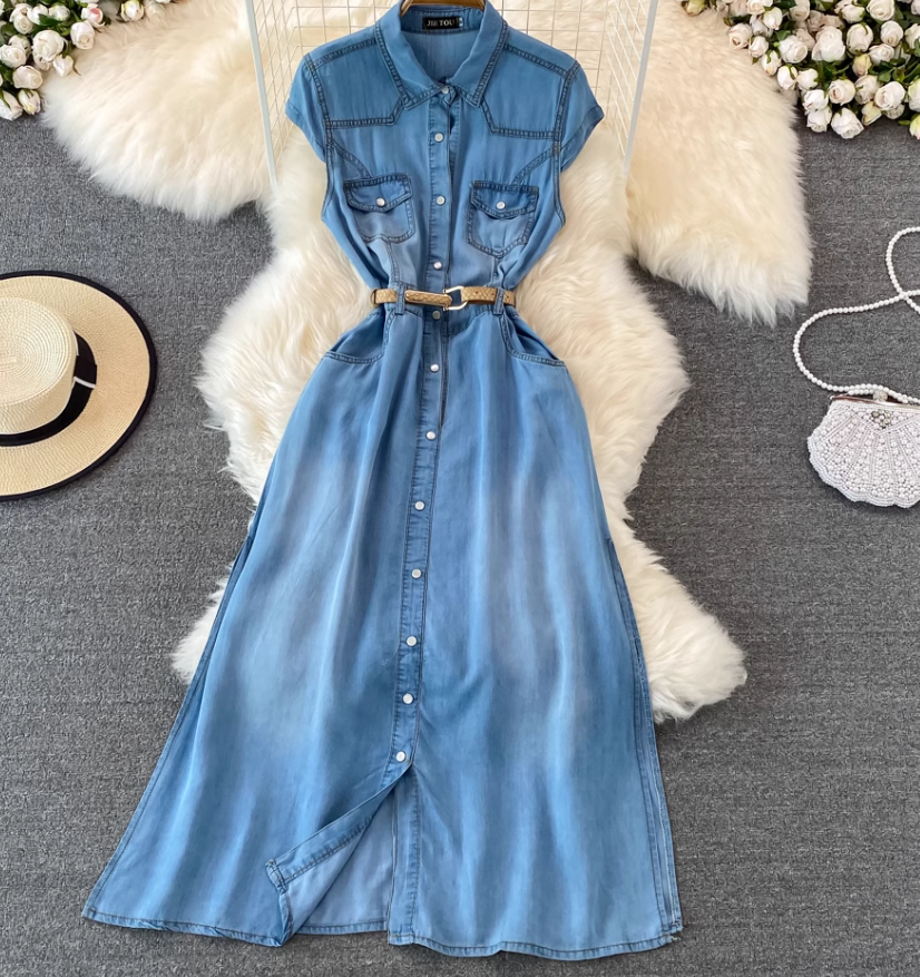 Light mature style sleeveless denim dress new French retro waist slimming A-line shirt long skirt R0407