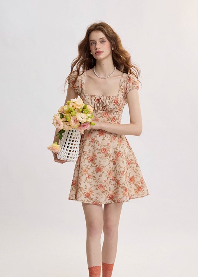 French retro style suspender skirt floral skirt dress high-end short skirt small skirt female summer R3486