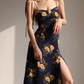 French retro orange floral suspender dress with slim waist and side slit long skirt R2815