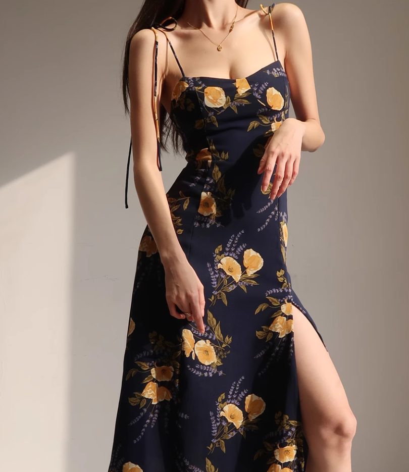 French retro orange floral suspender dress with slim waist and side slit long skirt R2815