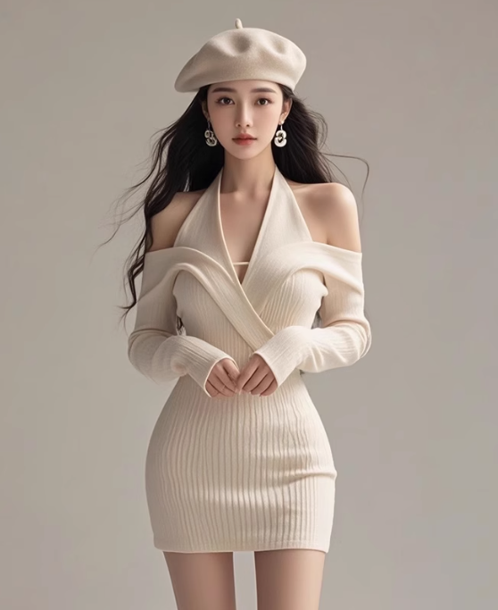 Large size French pure desire temperament knitted dress beautiful halter neck hip skirt R1869