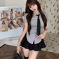 College style short-sleeved waisted gray shirt 2025 sweet and spicy puffy skirt pants suit R1193