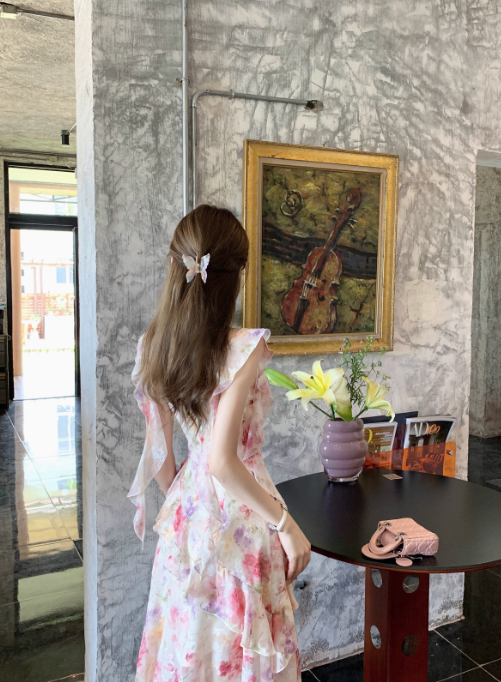 French holiday pink oil painting fairy floral long skirt female summer beautiful dress R3905