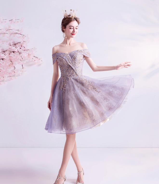 Elegant Purple Homecoming Dress , Tulle Embroidery Corset Mini Evening Dress RS1454