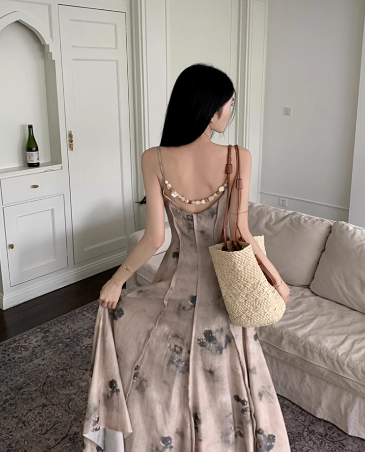 Fairy new Chinese style ink-dyed dress design backless holiday style suspender long dress R1724