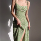 French slim side slit dress, vintage green daisy camisole, knee length skirt R2866