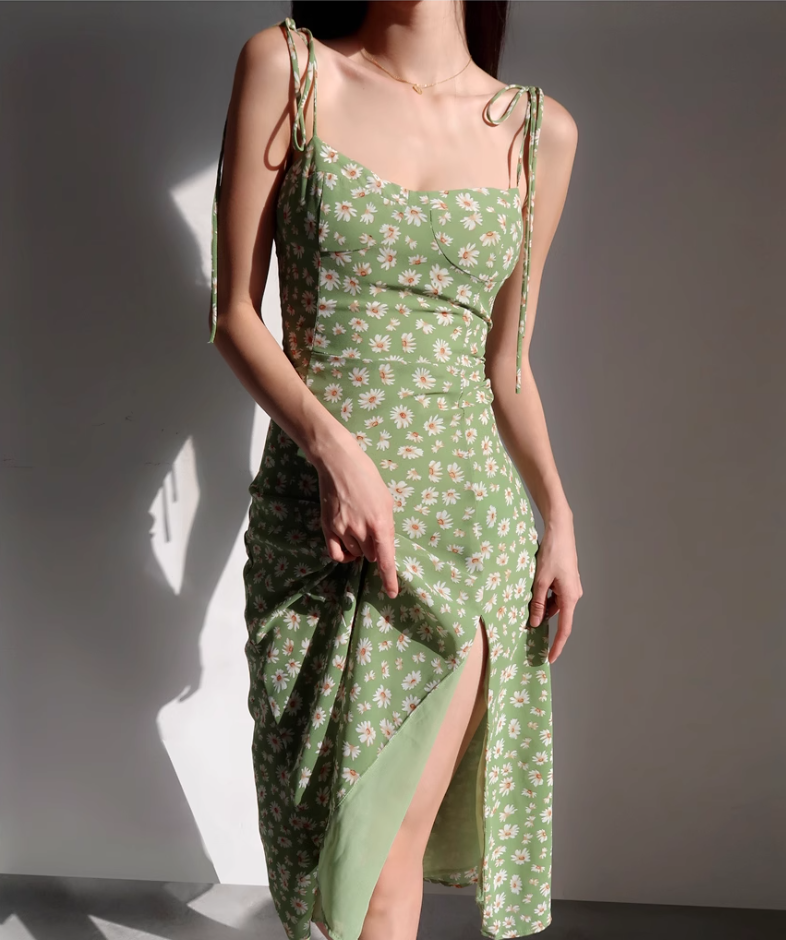 French slim side slit dress, vintage green daisy camisole, knee length skirt R2866