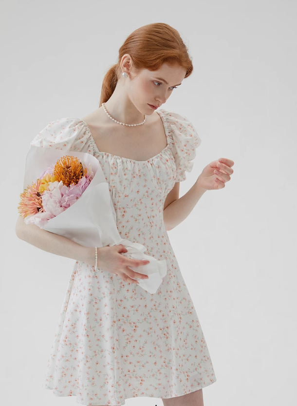 Jasmine French floral dress small fresh sweet puff sleeve short skirt R2763