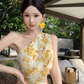 Chic and beautiful skirt atmosphere off-shoulder waist dress chiffon floral beach skirt R1622