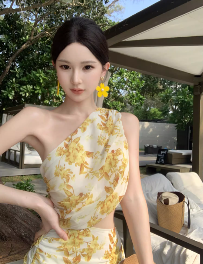 Chic and beautiful skirt atmosphere off-shoulder waist dress chiffon floral beach skirt R1622