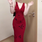 Retro V-neck red suspender dress sexy waist temperament hip fishtail long skirt R0712
