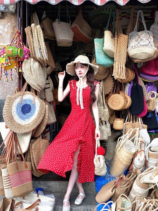 Red holiday floral dress for women petite summer long skirt with small flying sleeves R3866