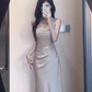 French style mesh hollow off-shoulder halter dress high-grade acetate satin waist slim hip skirt summer R0432
