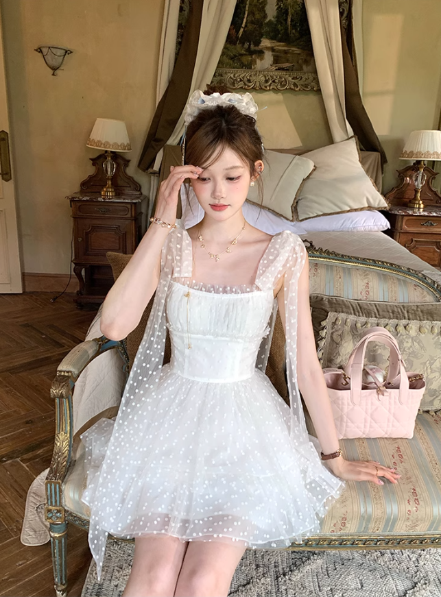 White tulle polka dot halter dress for women's summer French dress R4785