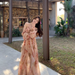 Fairy French floral suspender long dress beautiful holiday style v-neck wear backless dress R1754