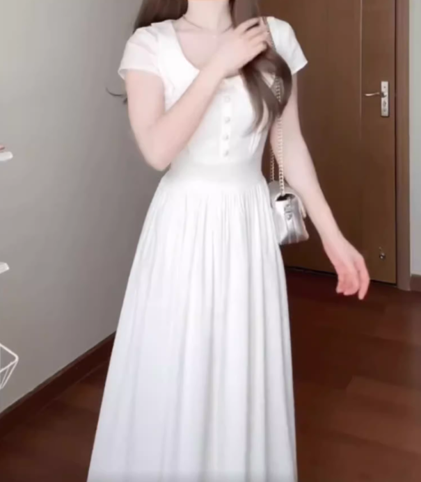 Elegant and decent skirt, gentle style, beautiful waist A-line white dress R0717