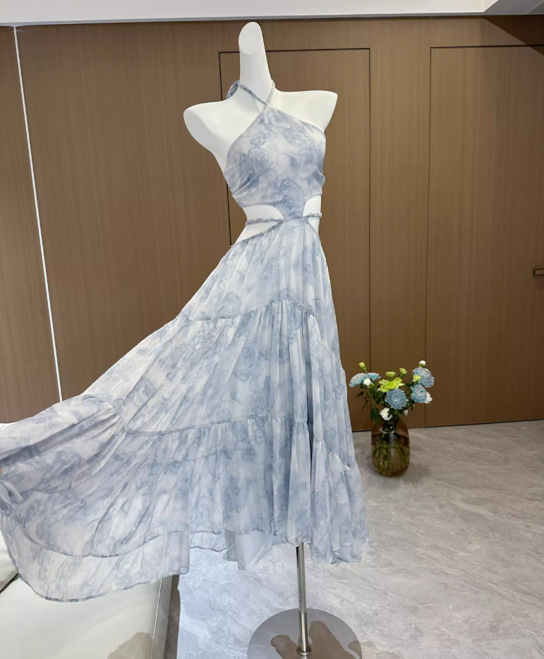 Blue Rose Print Handmade Braided Rope Waist-baring Sexy Temperament Long Dress R1997