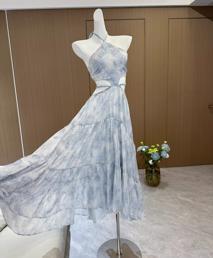 Blue Rose Print Handmade Braided Rope Waist-baring Sexy Temperament Long Dress R1997
